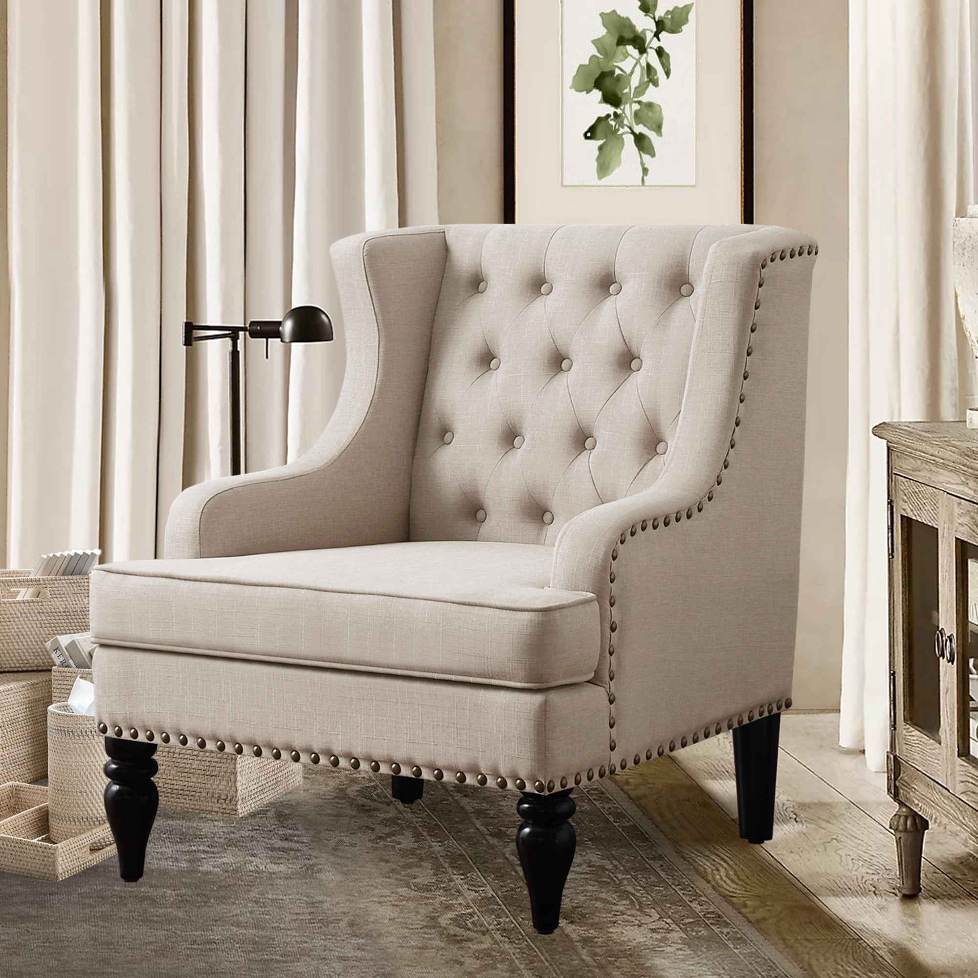 Gewnee Linen Accent Chair/Armchair with Solid Rubberwood Legs - Beige, Suitable for Living Room & Balcony