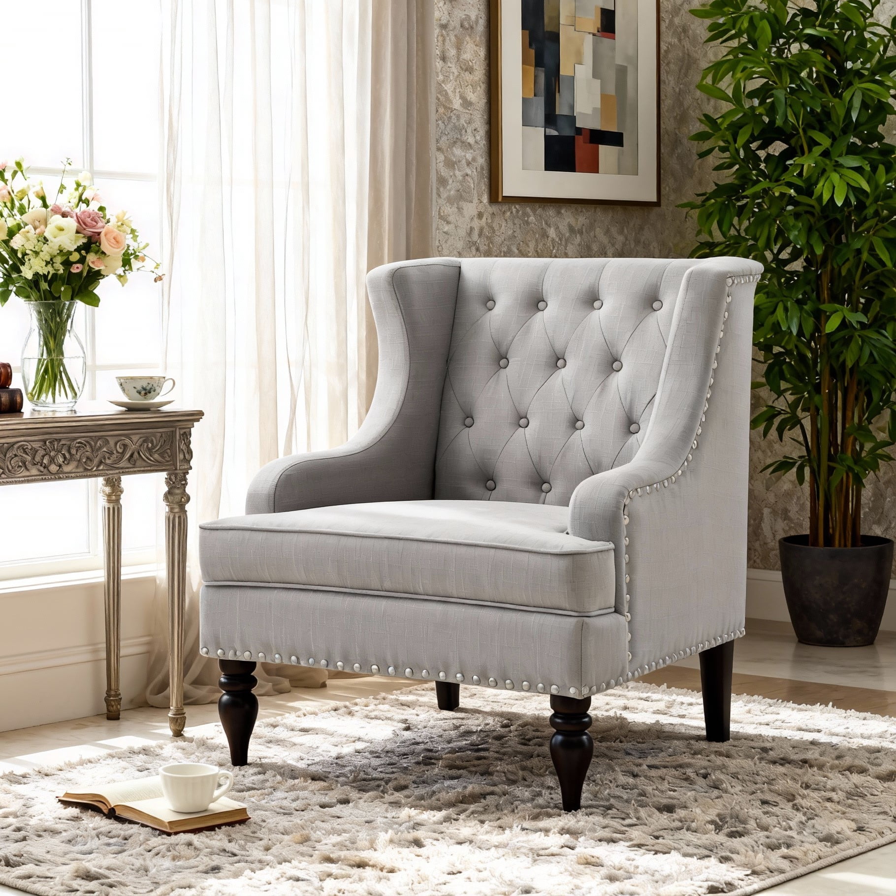 Gewnee Linen Accent Chair/Armchair with Solid Rubberwood Legs - Gray, Suitable for Living Room & Balcony