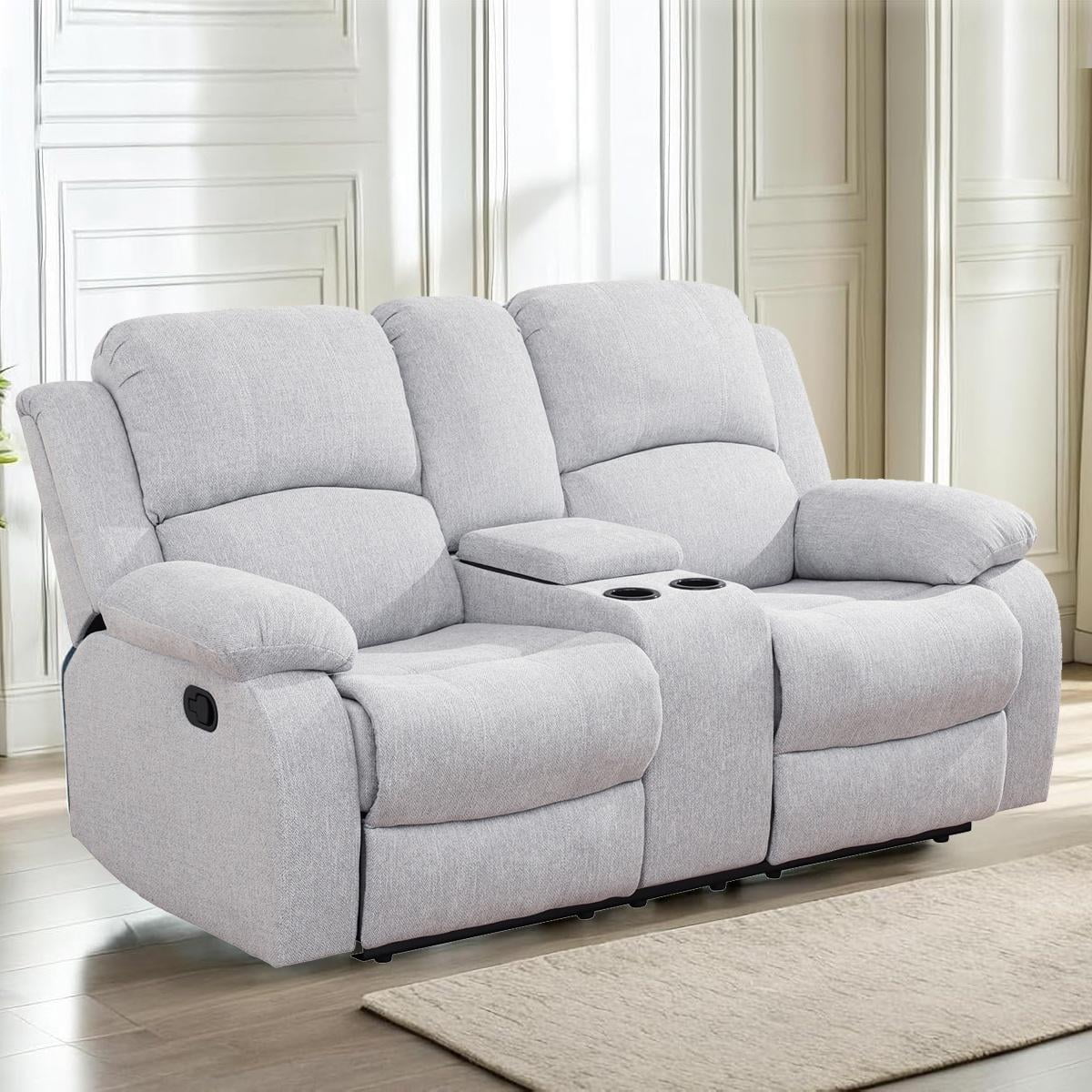 Gewnee Linen Fabric Manual Reclining Loveseat with 2 Recliners and Cup Holders,Gray