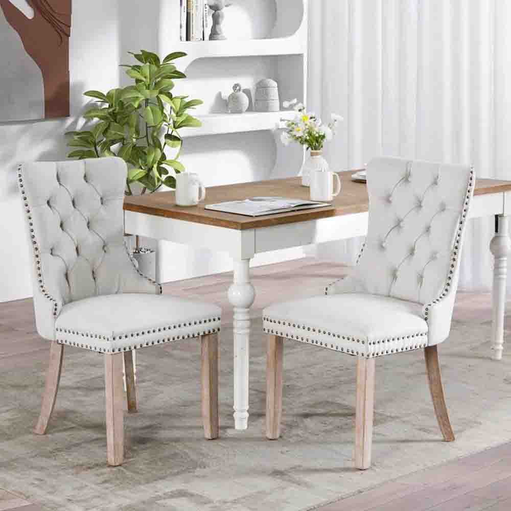 Gewnee Linen Fabric Upholstered Dining Chairs Set of 2 with Rubber Wood Legs,Beige