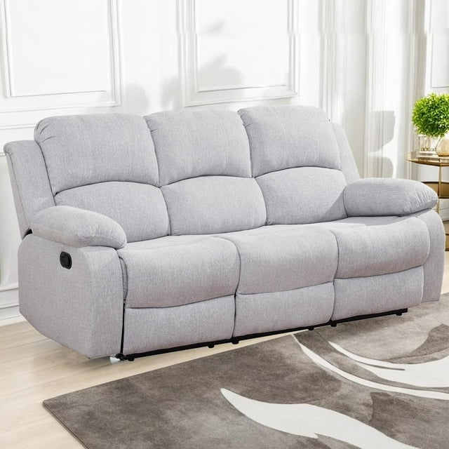 Gewnee Linen Fabric Upholstered Manual Reclining Sofa with 3 Recliners and Cup Holders,Gray