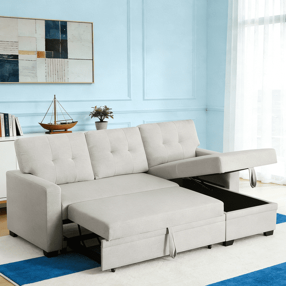 Gewnee Linen Sectional Sofa Bed with Storage, Soft Seat Pull Out Couch for Living Room Beige