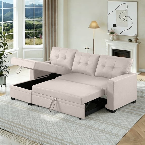 Gewnee Linen Sectional Sofa Bed with Storage, Soft Seat Pull Out Couch for Living Room Beige