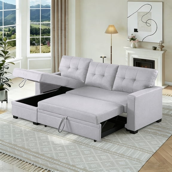 Gewnee Convertible Sofa Bed,Linen Sectional Sofa with Storage Chaise,Pull Out Couch for Living Room.Light Gray