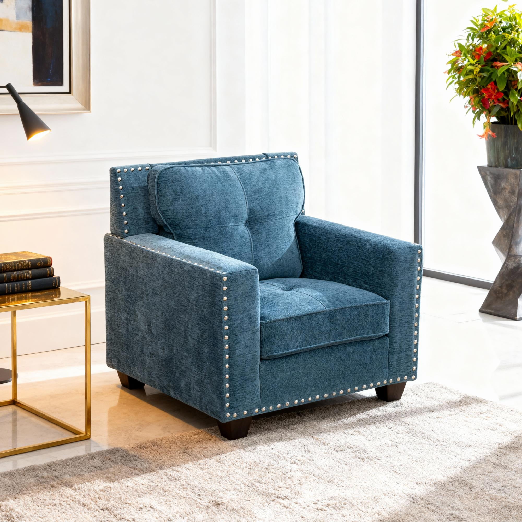 Gewnee Linen Upholstered Armchair Accent Chair with Nailhead Trim,Blue