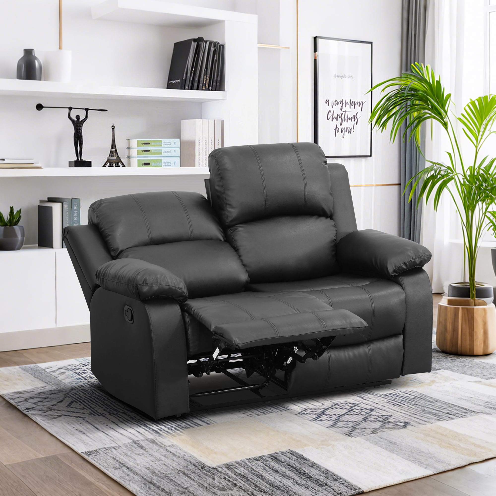 Gewnee Loveseat Adjustable Multifunctional Recliner Solid Wood Frame Air Leather Upholstery Living Room Black