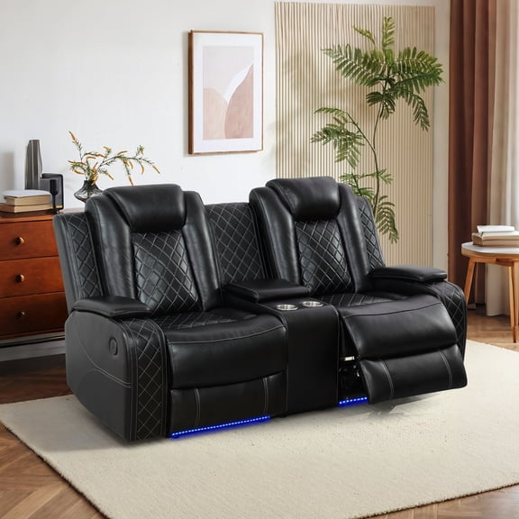 Gewnee Loveseat Power Reclining Multifunctional Sofa, Air Leather, Storage Console, Cup Holders, Black
