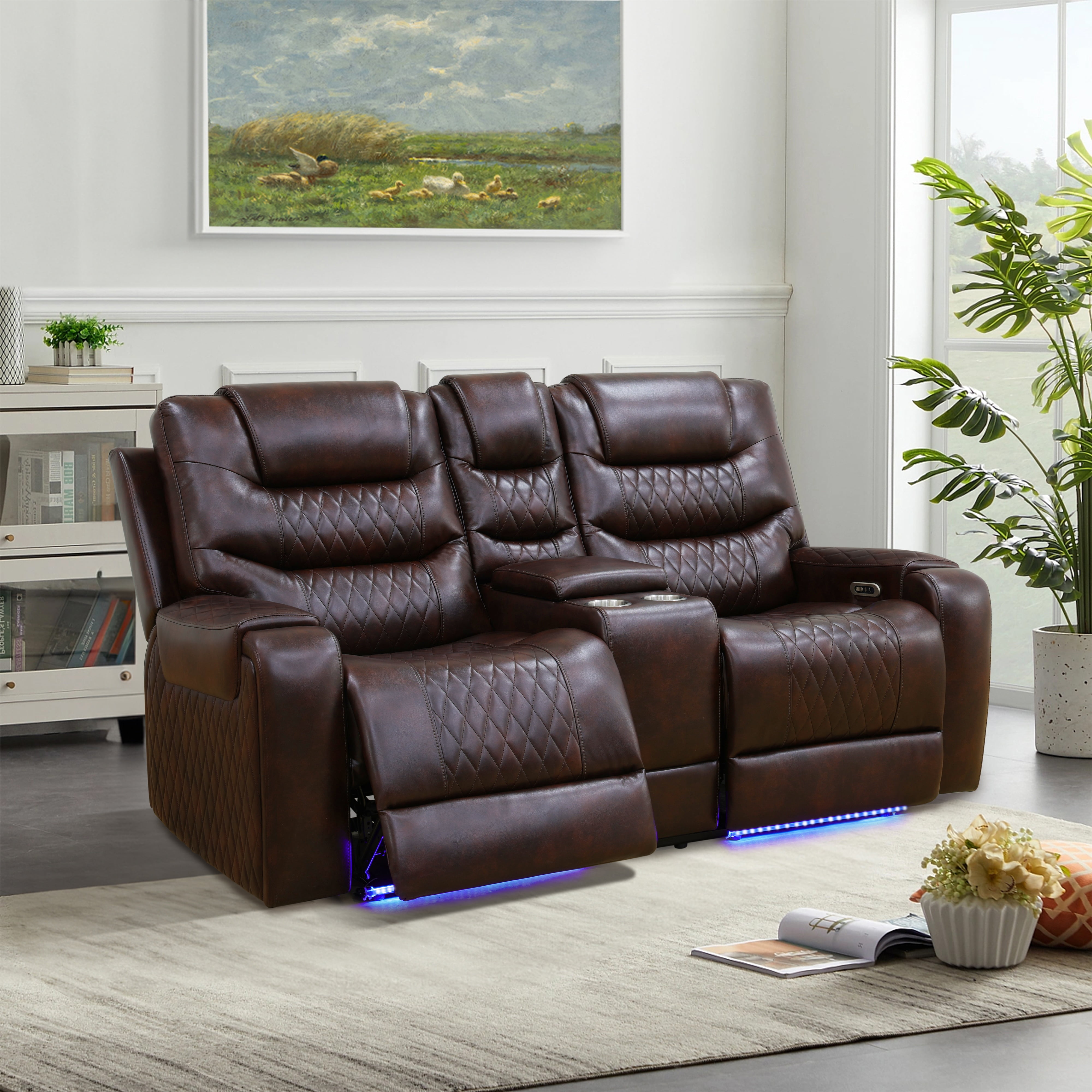 Gewnee Loveseat Power Reclining Multifunctional Sofa, Air Leather, Storage Console, Cup Holders,Dark Brown