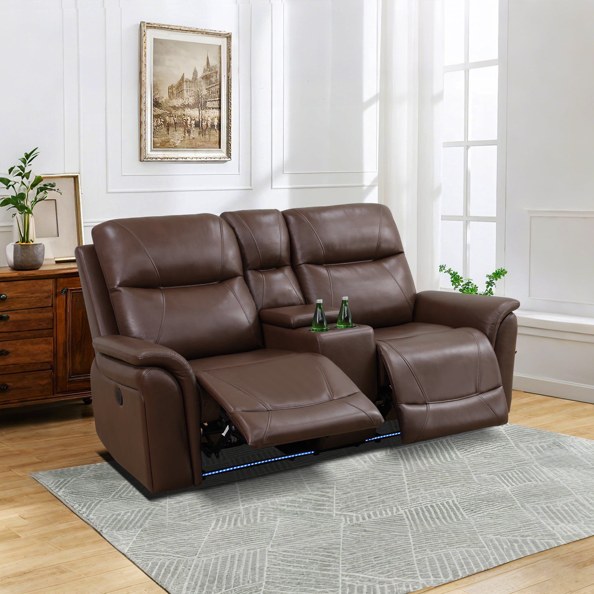 Gewnee Loveseat Power Reclining Multifunctional Sofa, Air Leather, Storage Console, Cup Holders,Dark Brown