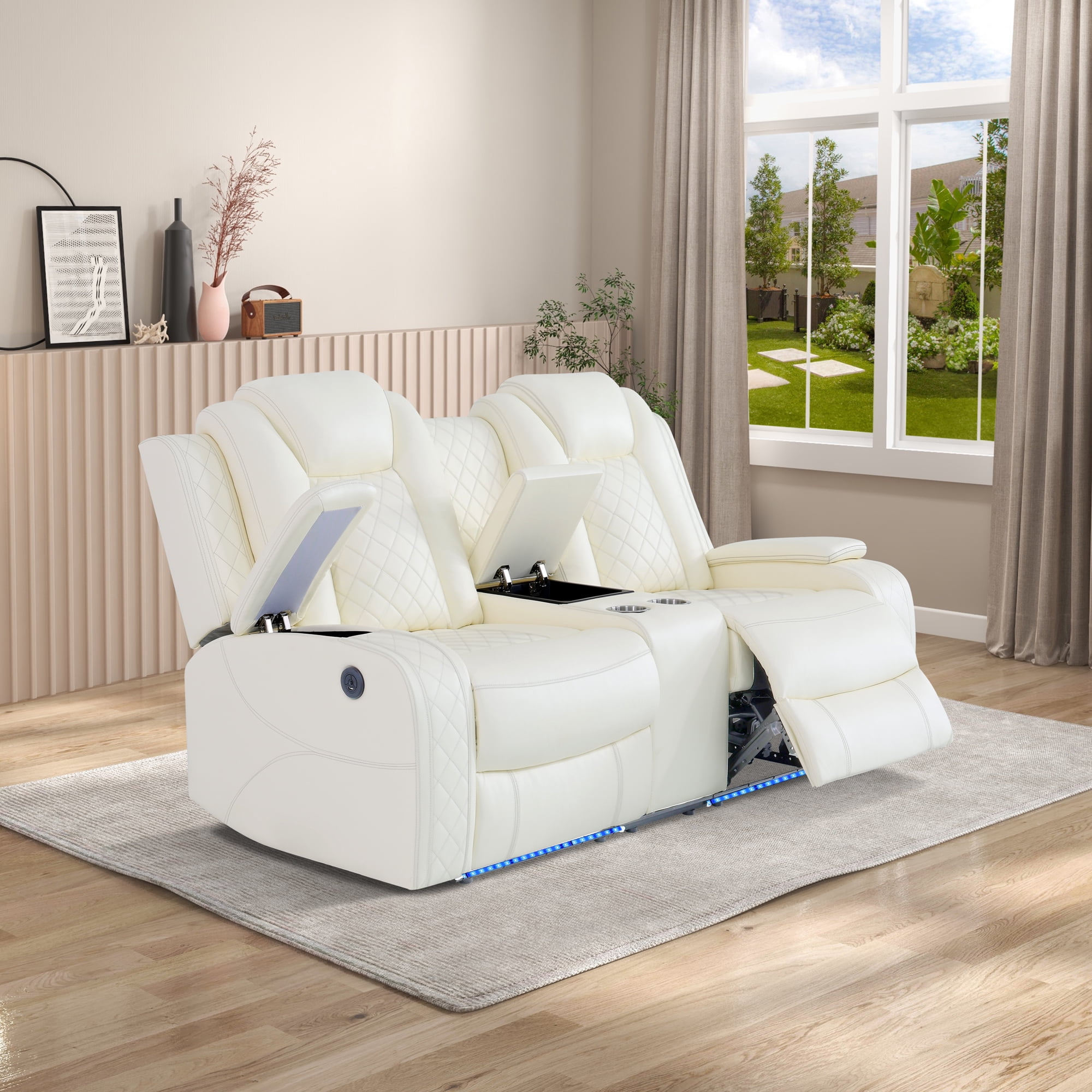 Gewnee Loveseat Power Reclining Multifunctional Sofa, Air Leather, Storage Console, Cup Holders,Off-white