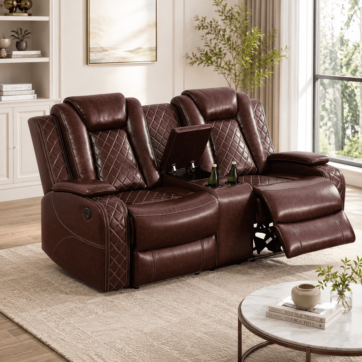 Gewnee Loveseat Power Reclining Multifunctional Sofa, Air Leather, Storage Console, Cup Holders,Reddish brown