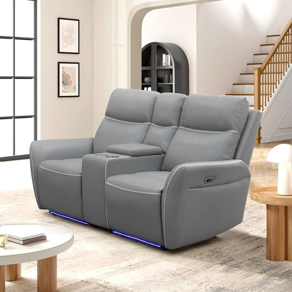 Gewnee Loveseat Power Reclining Multifunctional Sofa, Air Leather, Storage Console, Cup Holders,Silver Gray