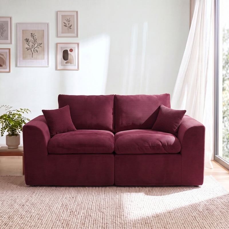 Gewnee Loveseat Sofa, Modular Cloud Couch, Corduroy 2 Seater Sofa with Removable Covers, No Assembly Required,WINE RED