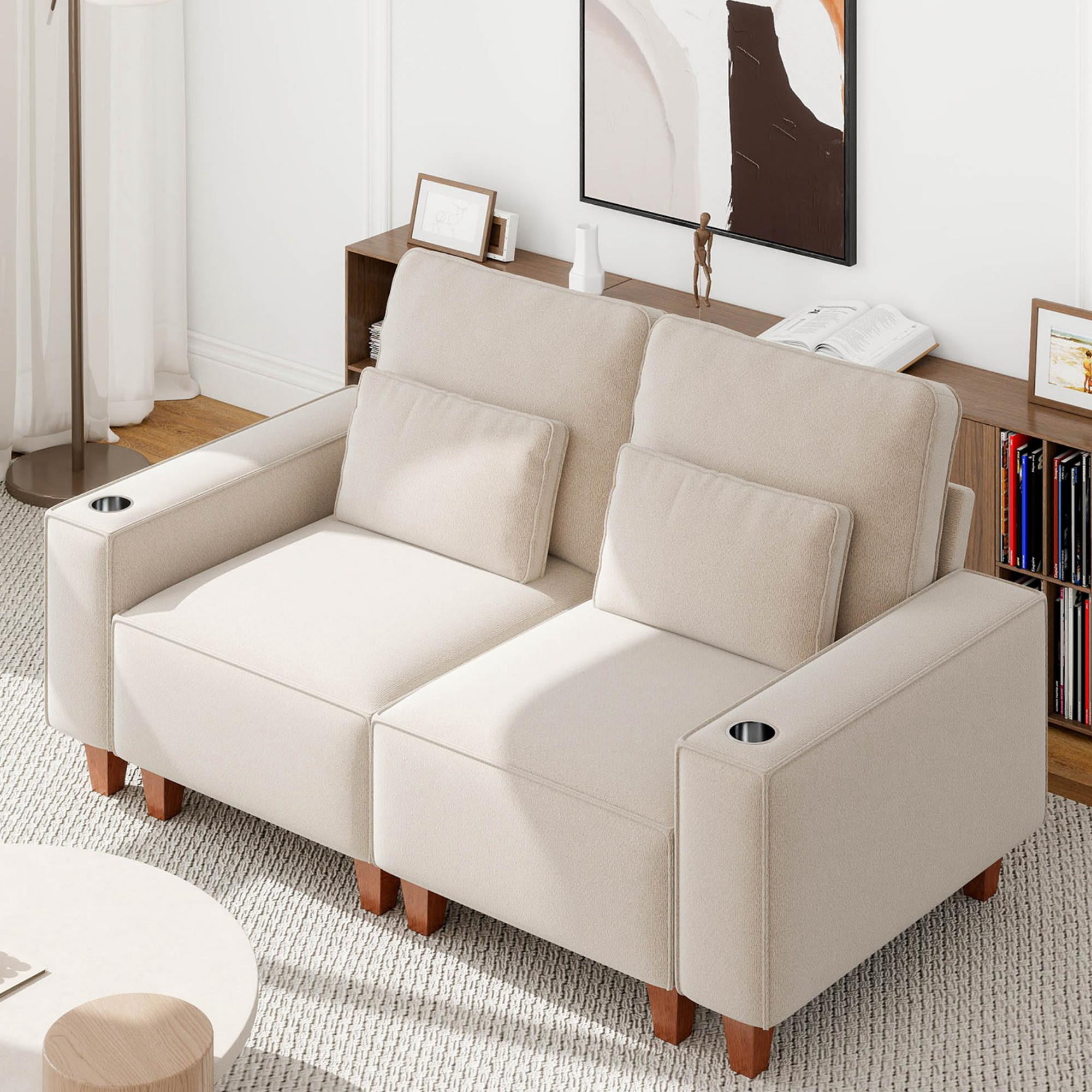 Gewnee Loveseaters Sofa with Wide Armrests,Cup Holders and Pillows,Comfortable WideSeat Sofa for Living Room or Apartment.Beige