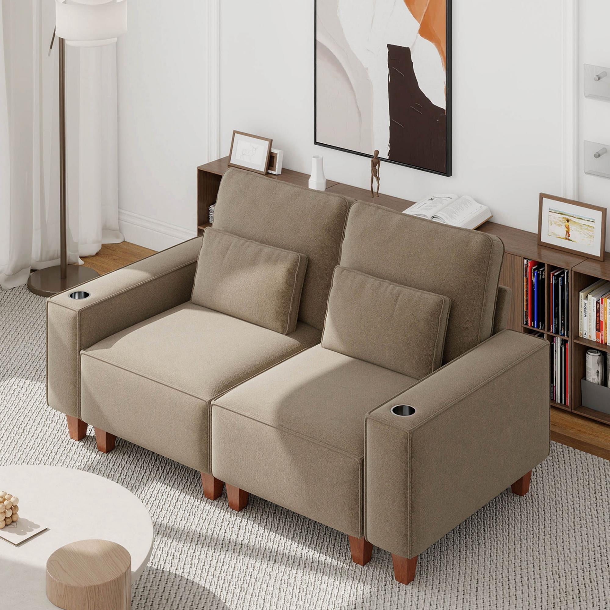 Gewnee Loveseaters Sofa with Wide Armrests,Cup Holders and Pillows,Comfortable WideSeat Sofa for Living Room or Apartment.Khaki