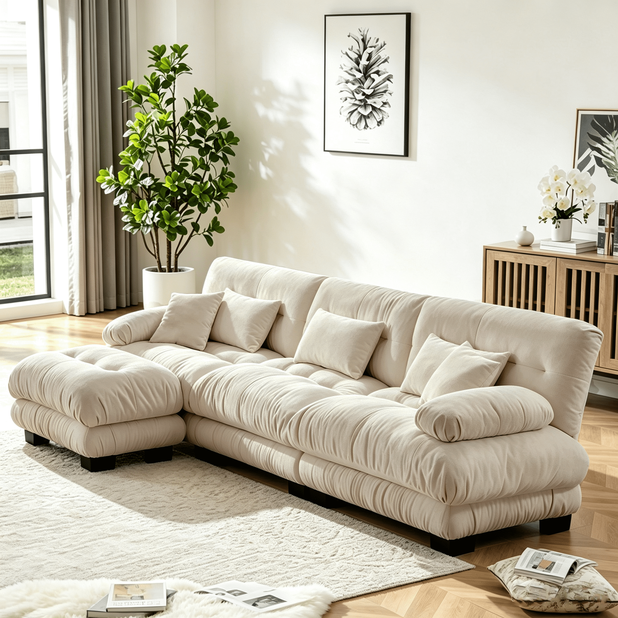 Gewnee Luxury 133.8" Modular L Shaped Sectional Sofa, Oversized Deep Seat Cloud Couch with Movable Ottoman, Lumbar Pillows & Throw Pillows, Chenille Sofa for Living Room, Light Coffee