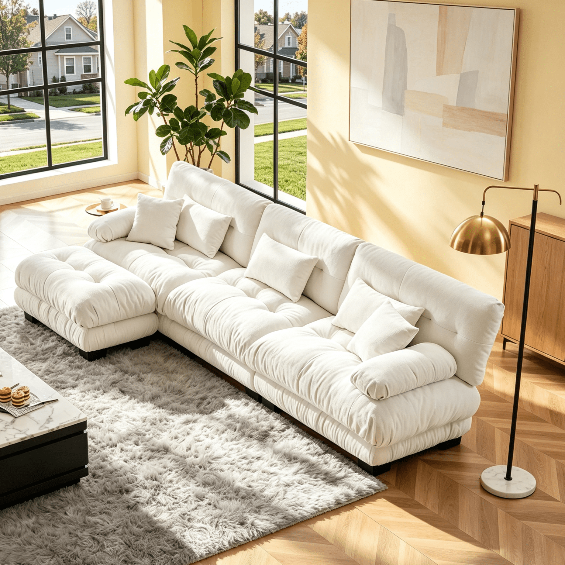 Gewnee Luxury 133.8" Modular L Shaped Sectional Sofa, Oversized Deep Seat Cloud Couch with Movable Ottoman, Lumbar Pillows & Throw Pillows, Chenille Sofa for Living Room, White