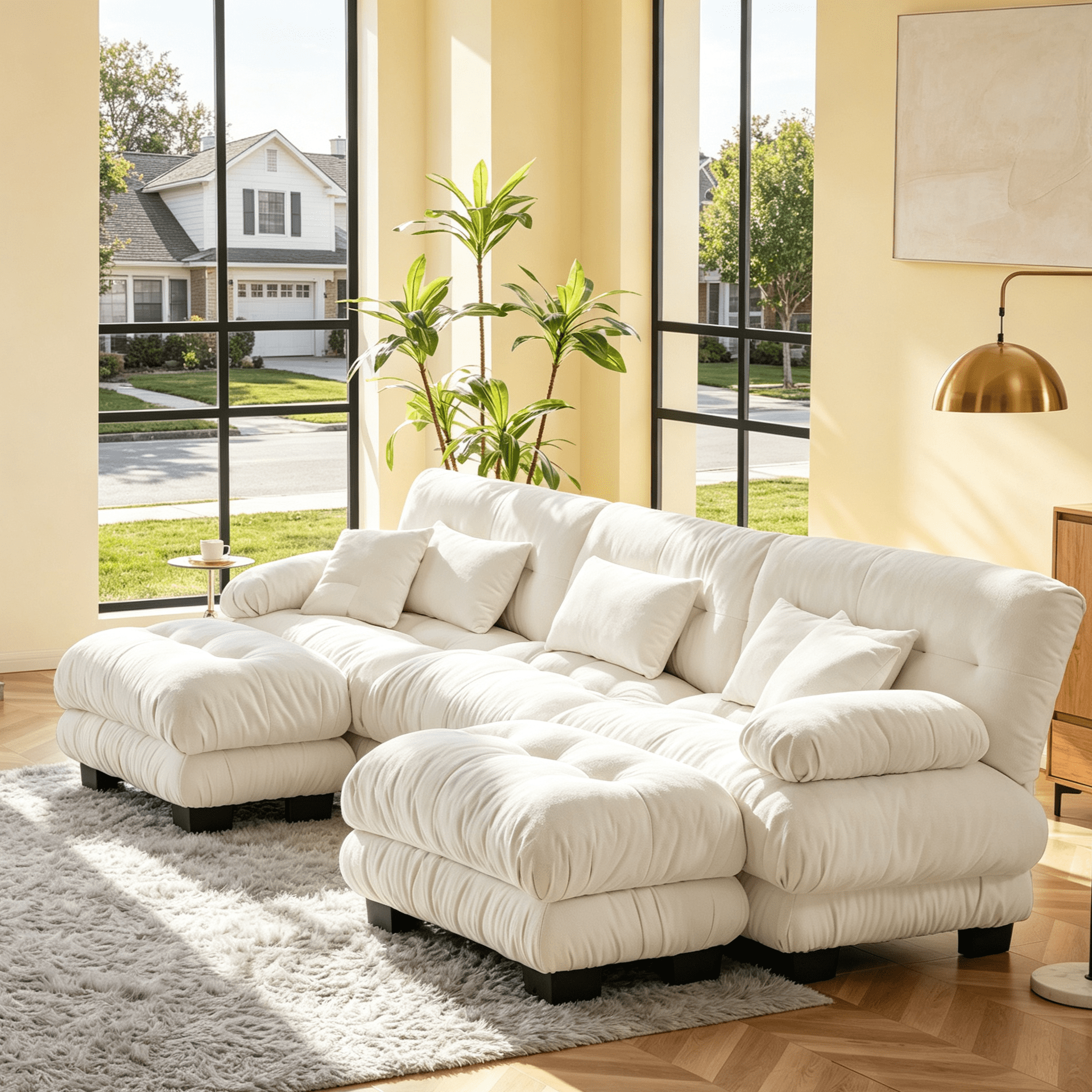 Gewnee Luxury 133.8" Modular U Shaped Sectional Sofa, Oversized Deep Seat Chenille Cloud Couch with 2 Movable Ottomans, Lumbar Pillows & Throw Pillows, Upholstered Sofa for Living Room, White