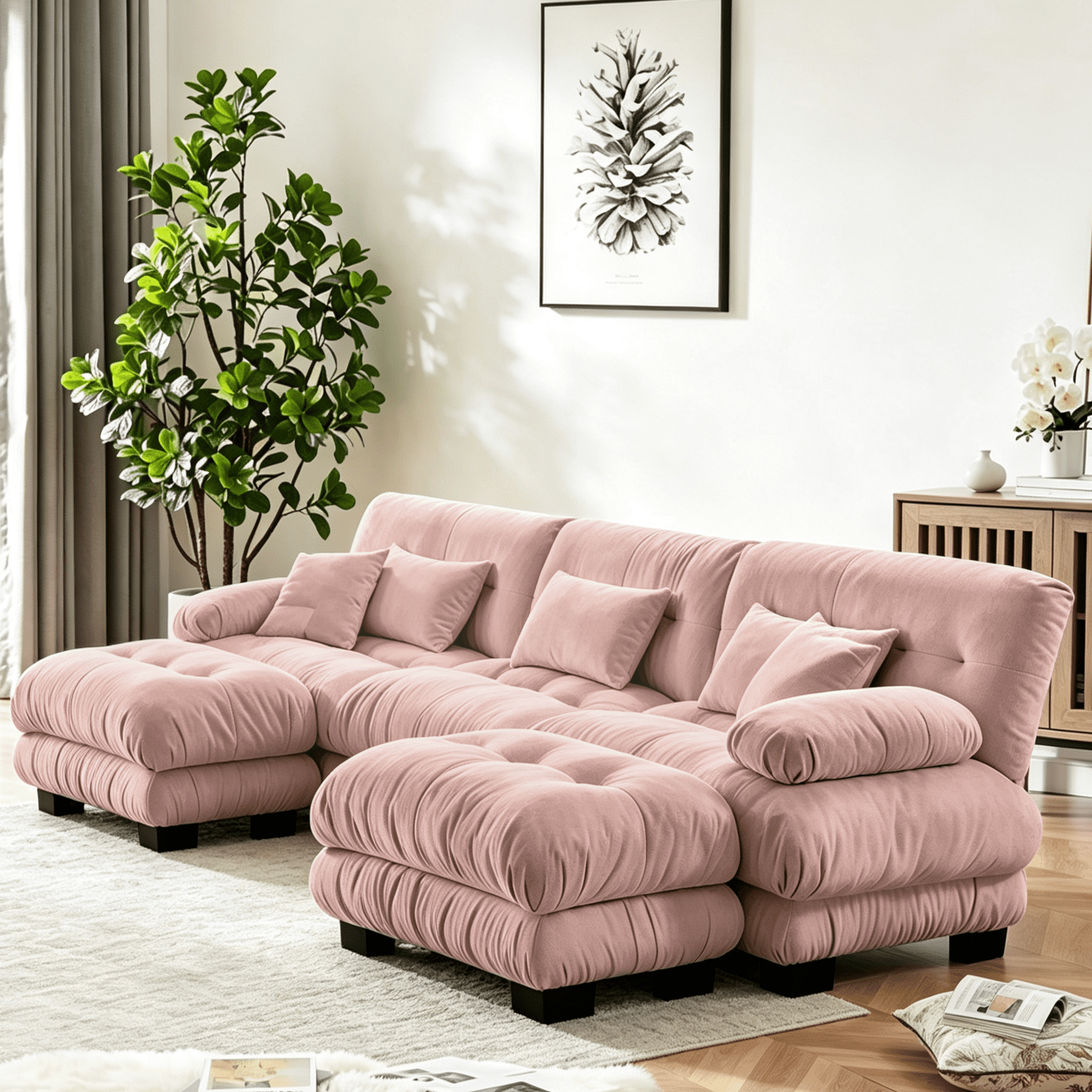 Gewnee Luxury 133.8" Modular U Shaped Sectional Sofa, Oversized Deep Seat Chenille Cloud Couch with 2 Movable Ottomans, Lumbar Pillows & Throw Pillows, Upholstered Sofa for Living Room, Pink