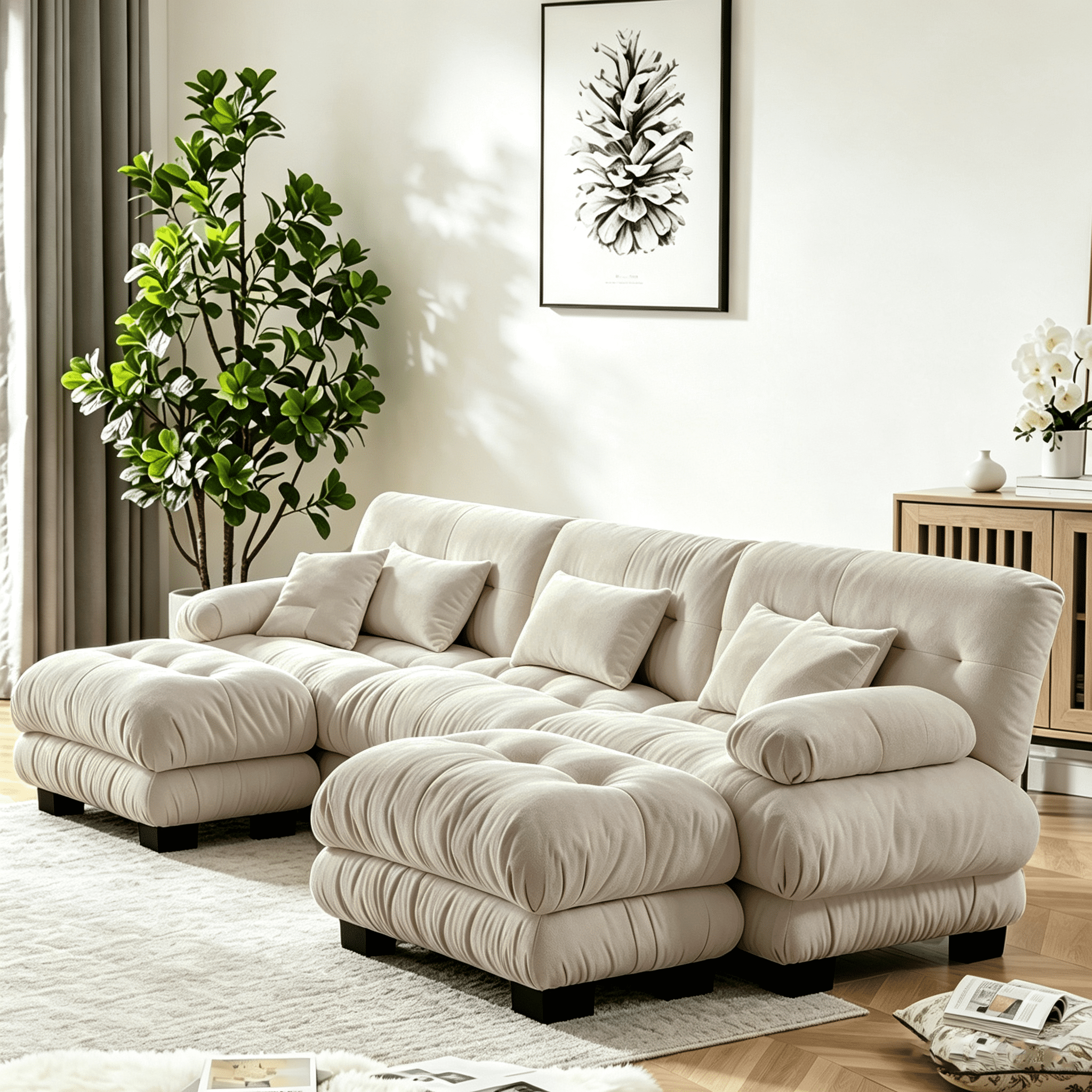 Gewnee Luxury 133.8" Modular U Shaped Sectional Sofa, Oversized Deep Seat Chenille Cloud Couch with 2 Movable Ottomans, Lumbar Pillows & Throw Pillows, Upholstered Sofa for Living Room, Light Coffee
