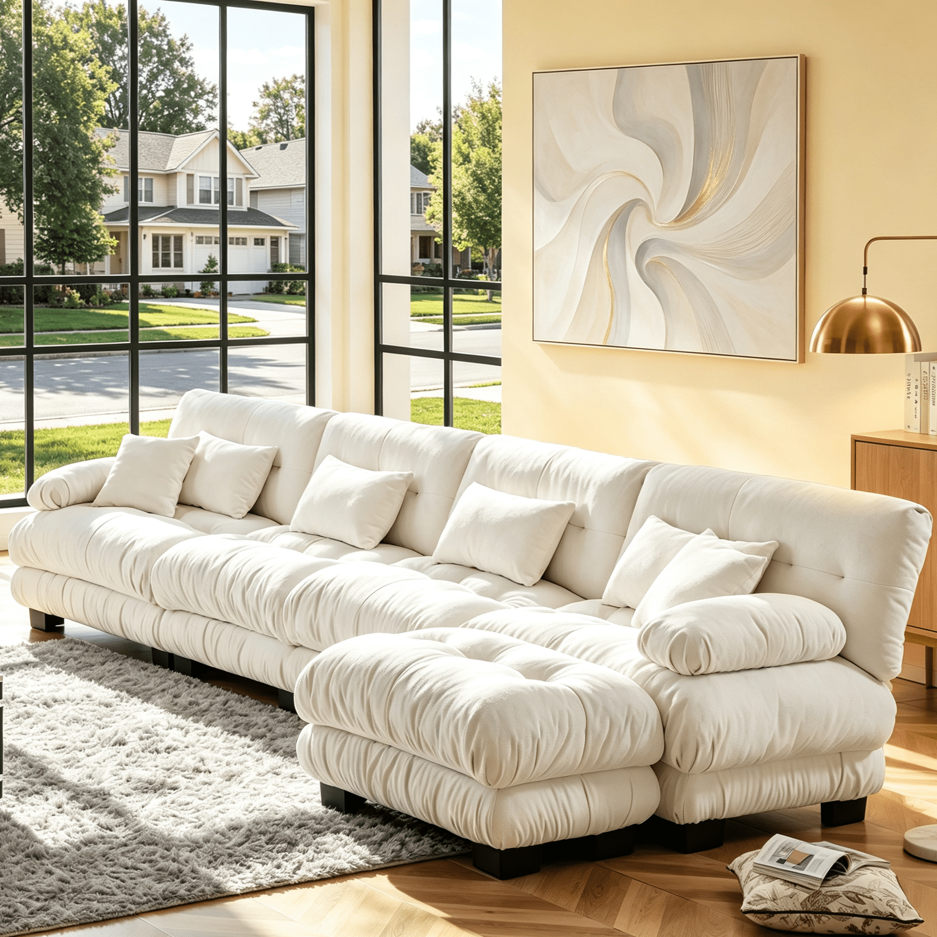 Gewnee Luxury 173.2" Modular L Shaped Sectional Sofa, Oversized Deep Seat Cloud Couch with Movable Ottoman, Lumbar Pillows & Throw Pillows, Chenille Sofa for Living Room, White