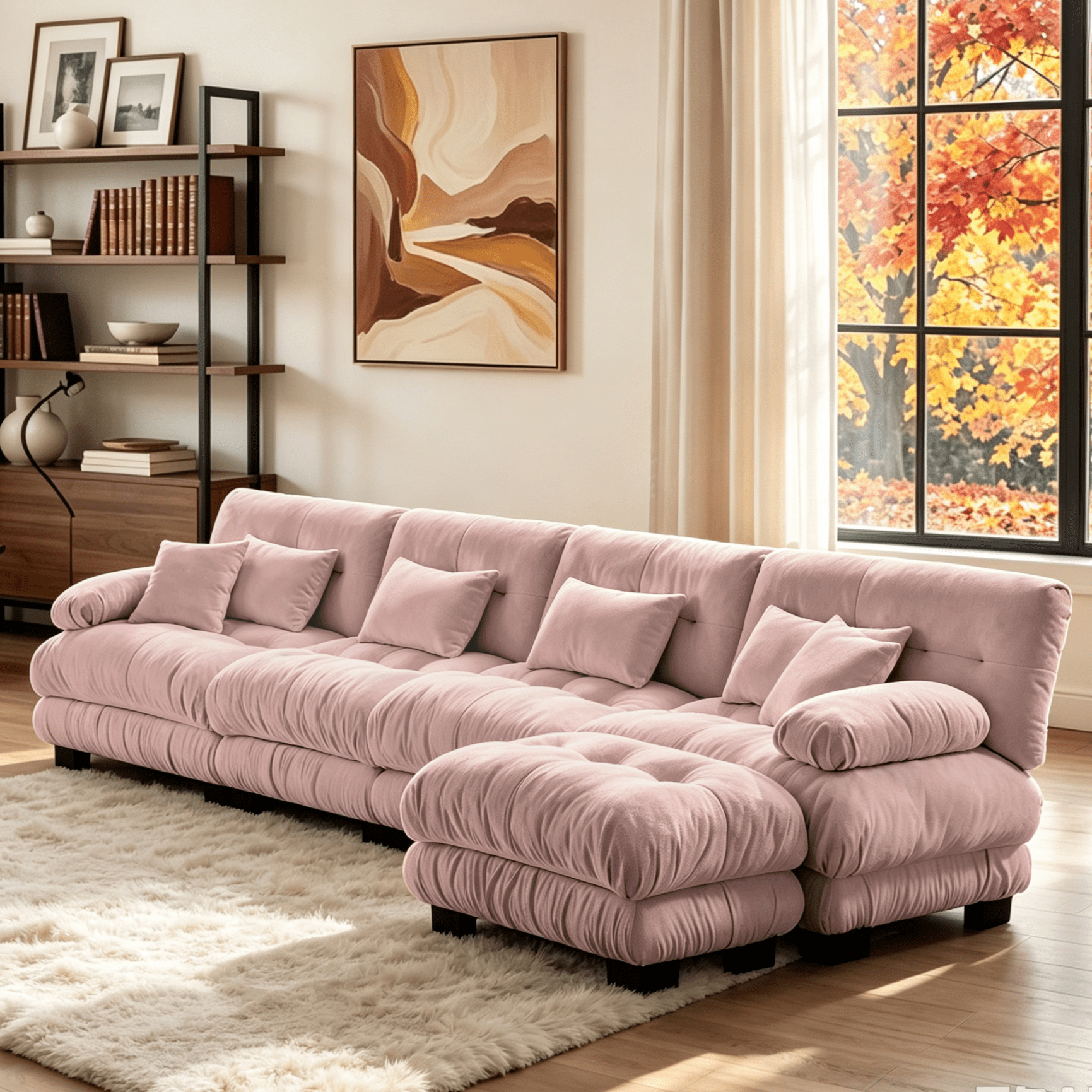 Gewnee Luxury 173.2" Modular L Shaped Sectional Sofa, Oversized Deep Seat Cloud Couch with Movable Ottoman, Lumbar Pillows & Throw Pillows, Chenille Sofa for Living Room, Pink