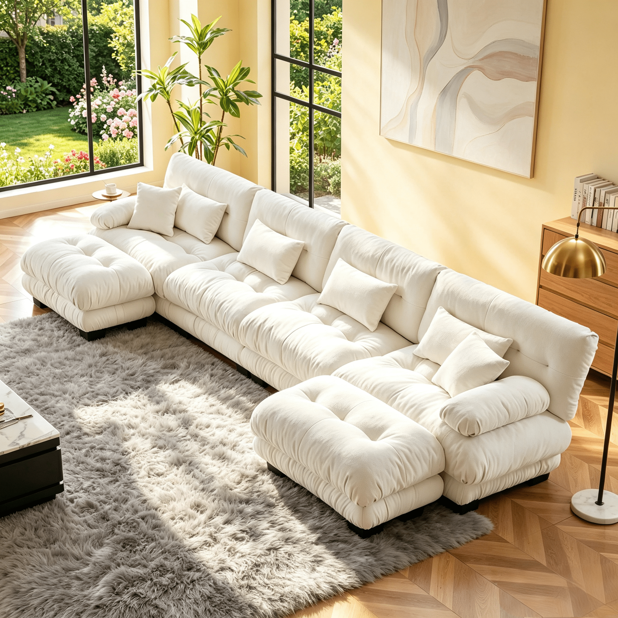 Gewnee Luxury 173.2" Modular U Shaped Sectional Sofa, Oversized Deep Seat Chenille Cloud Couch with 2 Movable Ottomans, Lumbar Pillows & Throw Pillows, Upholstered Sofa for Living Room, White