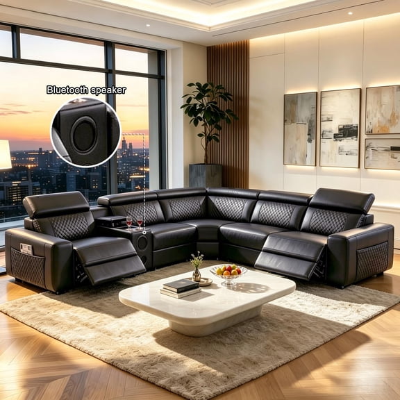 Gewnee Luxury Oversized Reclining Corner Sectional Couch, Power Recliner, Air Leather, Bluetooth Speakers, USB & Type‑C Charging, Cup Holders, Storage, for Living Room Home Theater, Black
