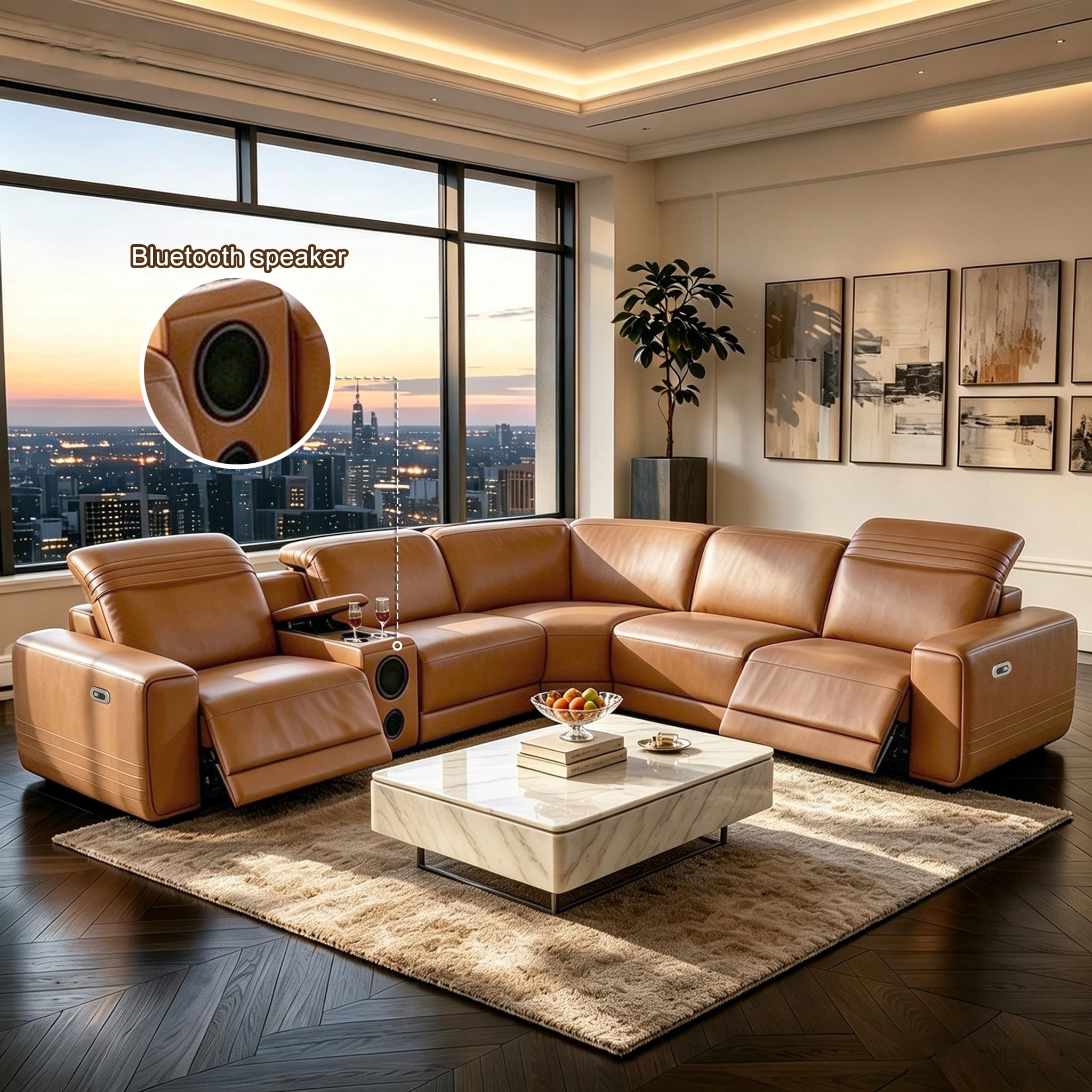 Gewnee Luxury Oversized Reclining Corner Sectional Couch, Power Recliner, Air Leather, Bluetooth Speakers, USB & Type‑C Charging, Cup Holders, Storage, for Living Room Home Theater, Orange Yellow