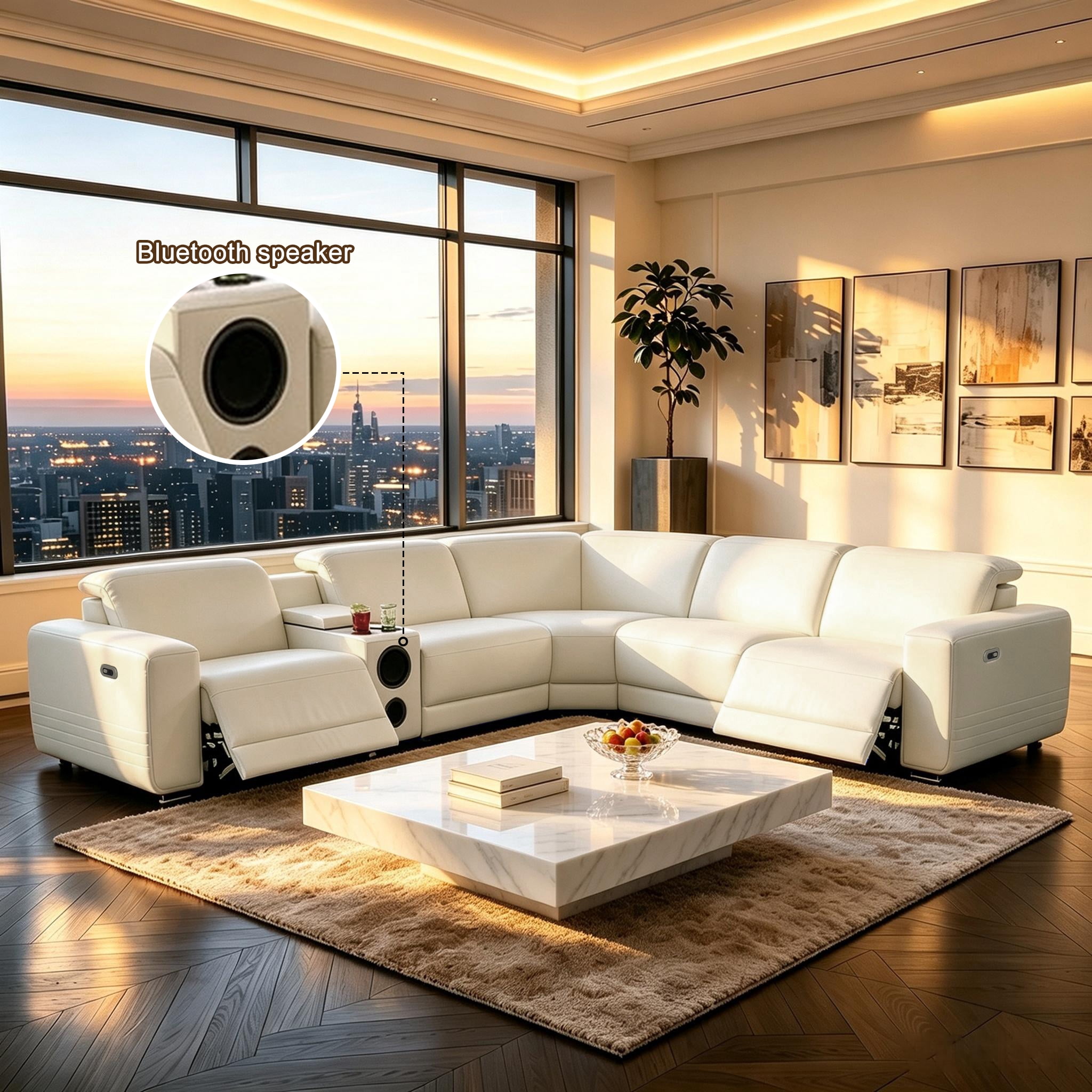 Gewnee Luxury Oversized Reclining Corner Sectional Couch, Power Recliner, Air Leather, Bluetooth Speakers, USB & Type‑C Charging, Cup Holders, Storage, for Living Room Home Theater, Off-White