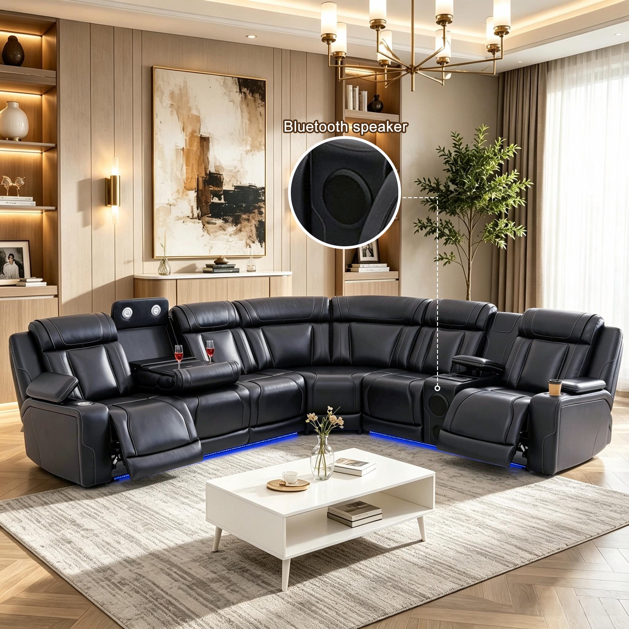 Gewnee Luxury Oversized Reclining Corner Sectional Couch, Power Recliner, Air Leather, Bluetooth Speakers, Wireless Charging, USB & Type‑C Charging, Cup Holders, Living Room Home Theater, Black