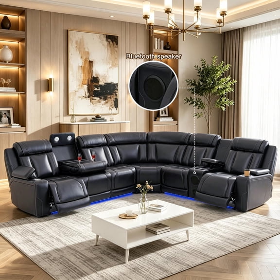 Gewnee Luxury Oversized Reclining Corner Sectional Couch, Power Recliner, Air Leather, Bluetooth Speakers, Wireless Charging, USB & Type‑C Charging, Cup Holders, Living Room Home Theater, Black