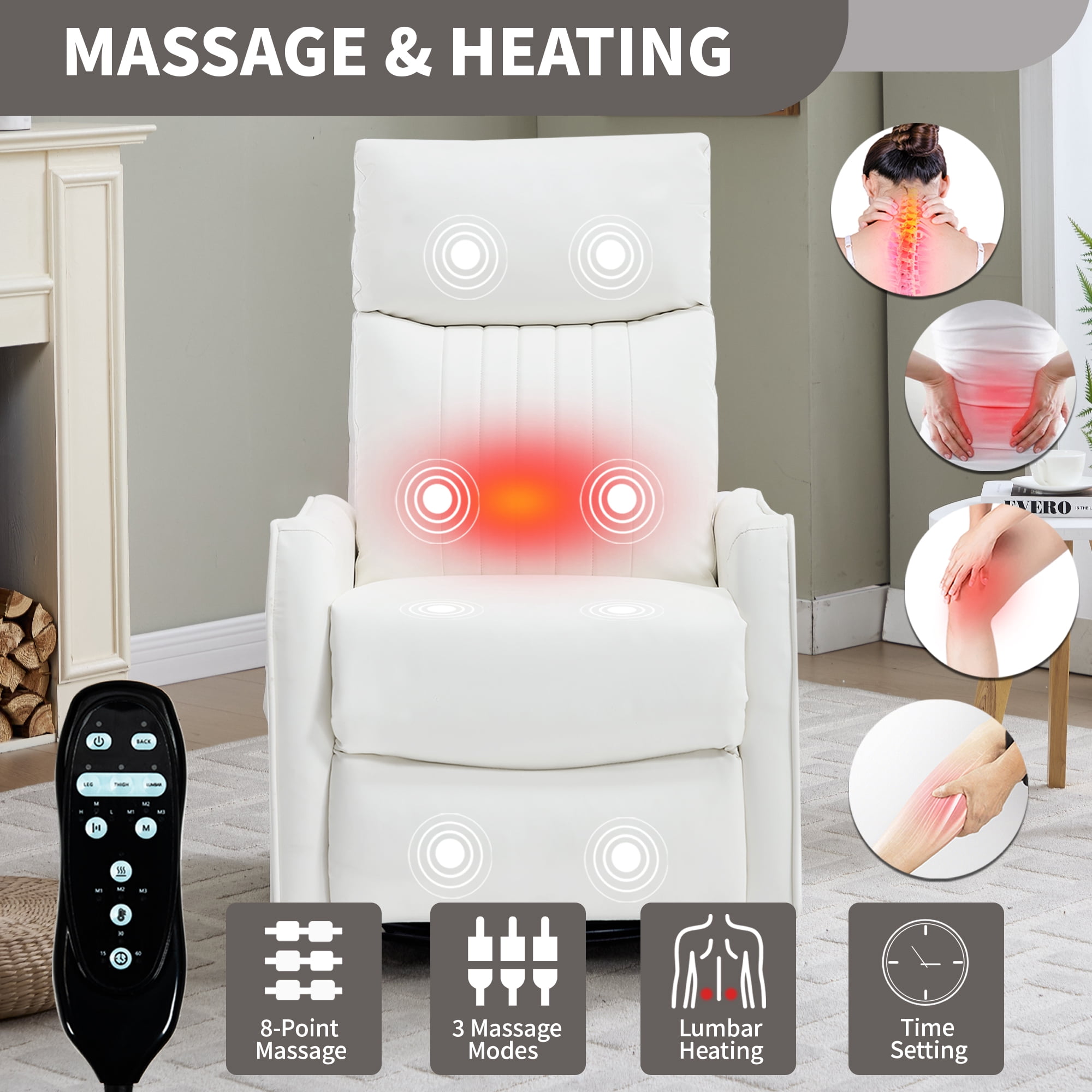 Gewnee Manual Recliner with 360°Swivel Rocker,8-Point Massage Recliner Chair with Heating,Comfy Single Sofa with Side Pockets for Living Room,Bedroom.White PU