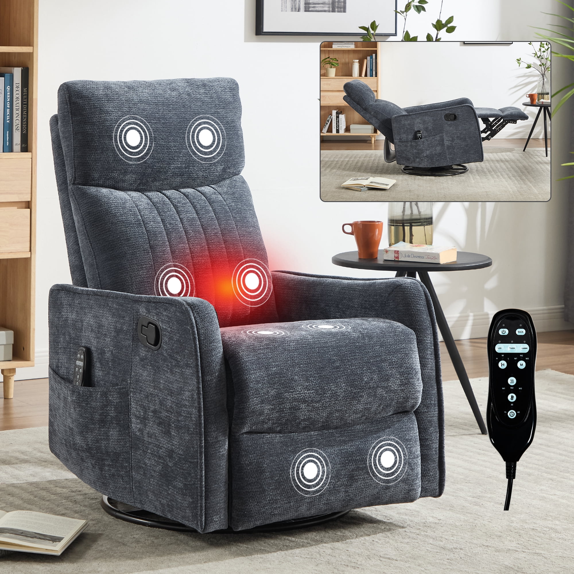 Gewnee Manual Recliner with 360°Swivel Rocker,8-Point Massage Recliner Chair with Heating,Comfy Single Sofa with Side Pockets for Living Room,Bedroom.Blue Chenille