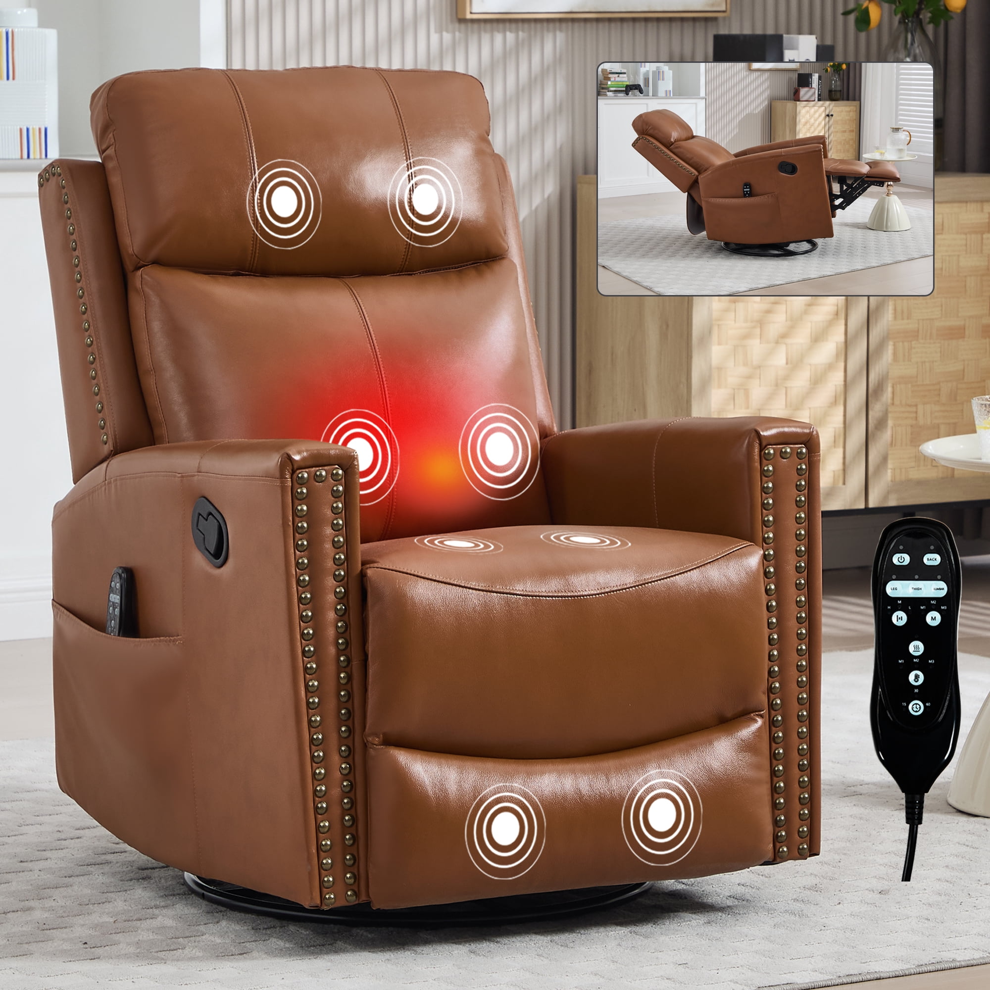 Gewnee Manual Recliner Chair,360°Swivel Massage Recliner Chair with Heat,Rocker Recliner Chair for Living Room,Bedroom.Yellow Genuine Leather
