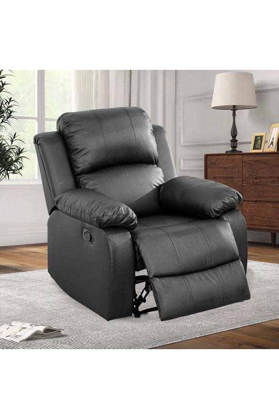 Manual Recliner Chair, Overstuffed Faux Leather Single Sofa for Living Room Bedroom,Black