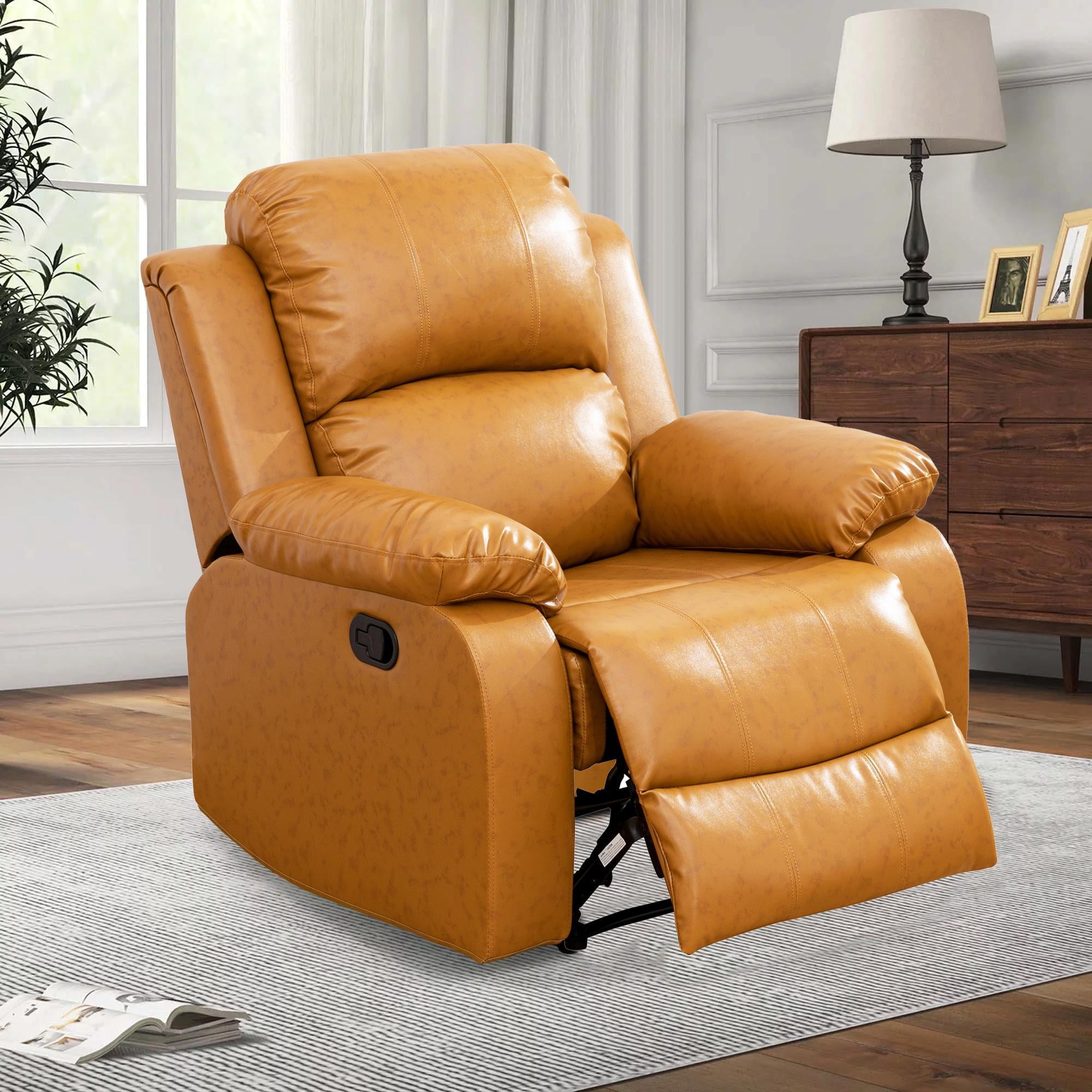 Gewnee Manual Recliner Chair, Overstuffed Faux Leather Single Sofa for Living Room Bedroom,Brown