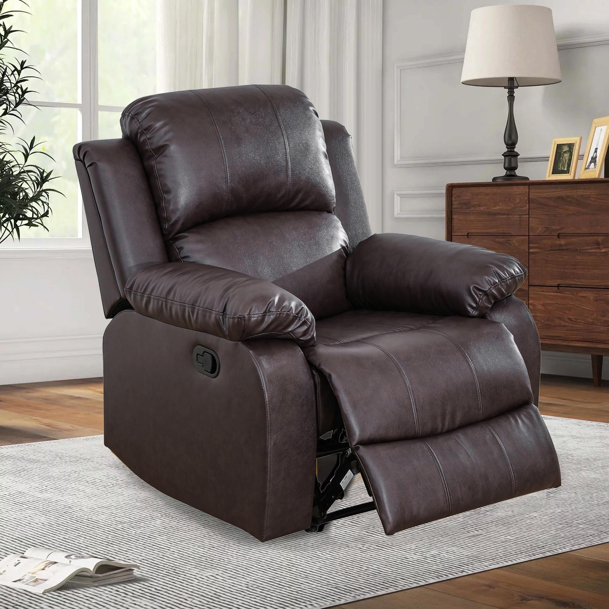 Gewnee Manual Recliner Chair, Overstuffed Faux Leather Single Sofa for Living Room Bedroom,Dark Coffee