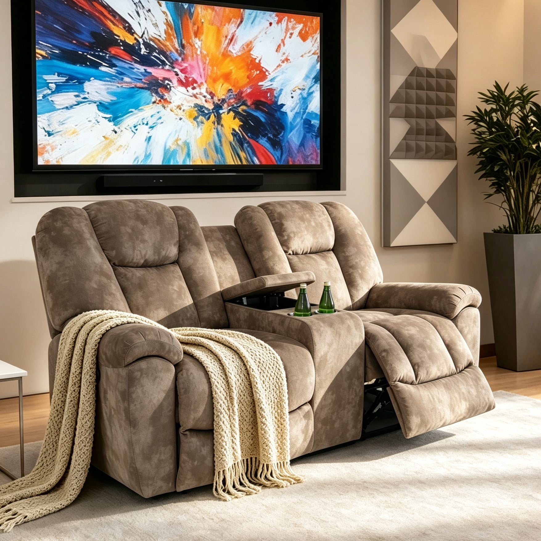 Gewnee Manual Recliner Loveseat, Adjustable Positions, Hidden Storage, Home Theater Seating with Cup Holders, Velvet‑Brown