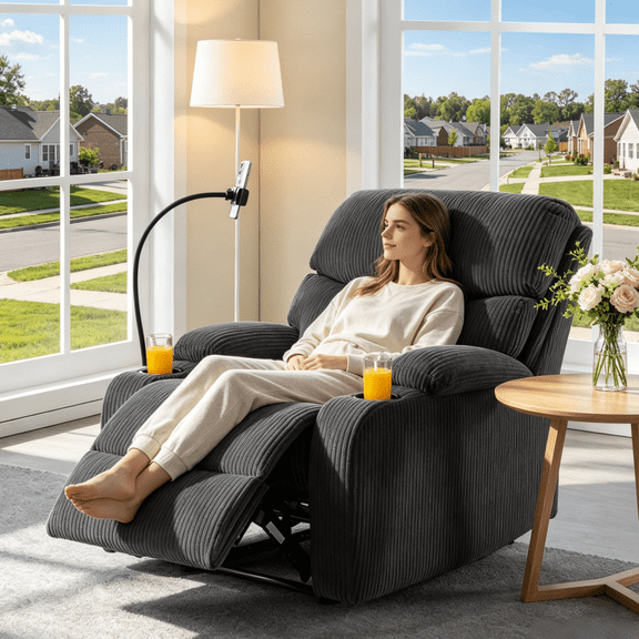 Gewnee Manual Reclining Chair,Corduroy Modern Overstuffed Recliner with Cup Holders & Phone Holder,Single Sofa for Living Room and Bedroom.Dark Grey