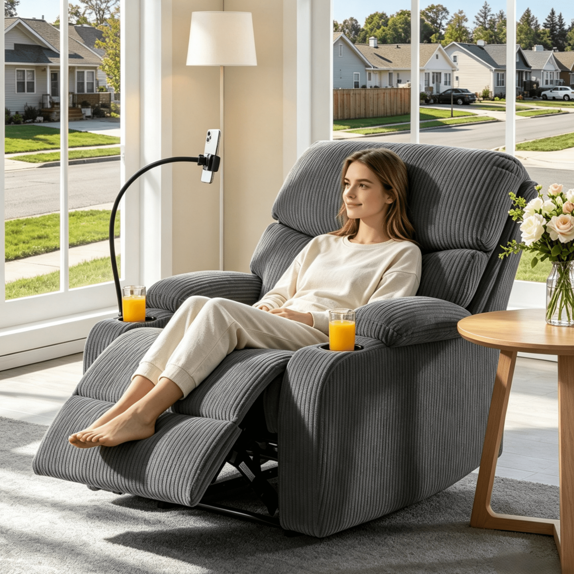 Gewnee Manual Reclining Chair,Corduroy Modern Overstuffed Recliner with Cup Holders & Phone Holder,Single Sofa for Living Room and Bedroom.Light Grey