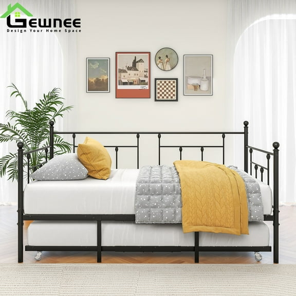 Gewnee Twin Size Wheeled Metal Bed, Double-Layer Pull-Out Sofa Bed, Foldable Sofa Bed Suitable for Guest rooms, Bedrooms and Living rooms, Black
