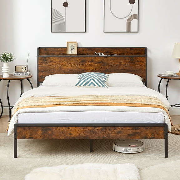 Gewnee Metal Full Size Bed Frame with Wooden Storage Headboard Shelf and Charging Ports,Rustic Brown
