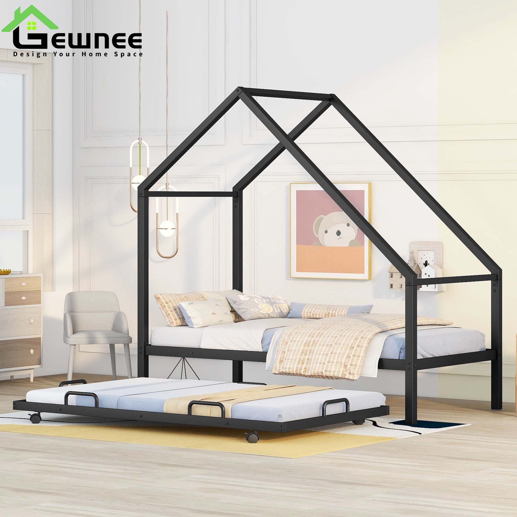 Gewnee Metal House Bed With Trundle,Kids Twin Size House Shaped Platform Bed Frame,Black