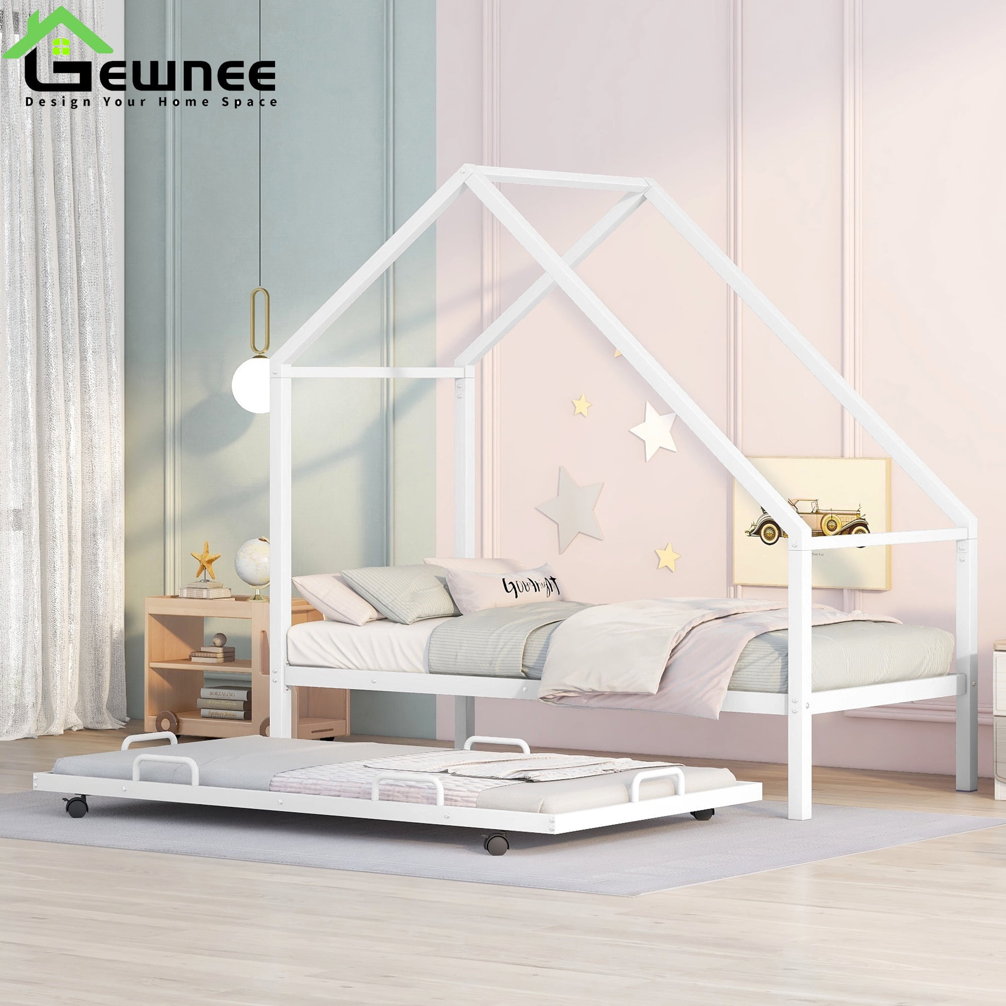 Gewnee Metal House Bed With Trundle,Kids Twin Size House-shaped Platform Bed Frame,White