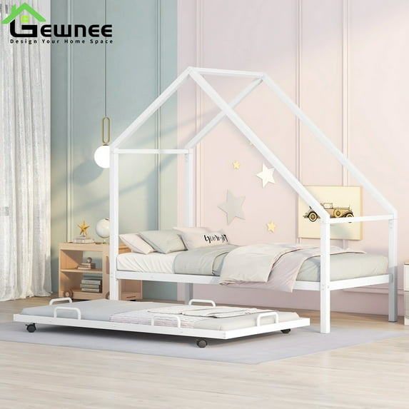 Gewnee Metal House Bed With Trundle,Kids Twin Size House-shaped Platform Bed Frame,White
