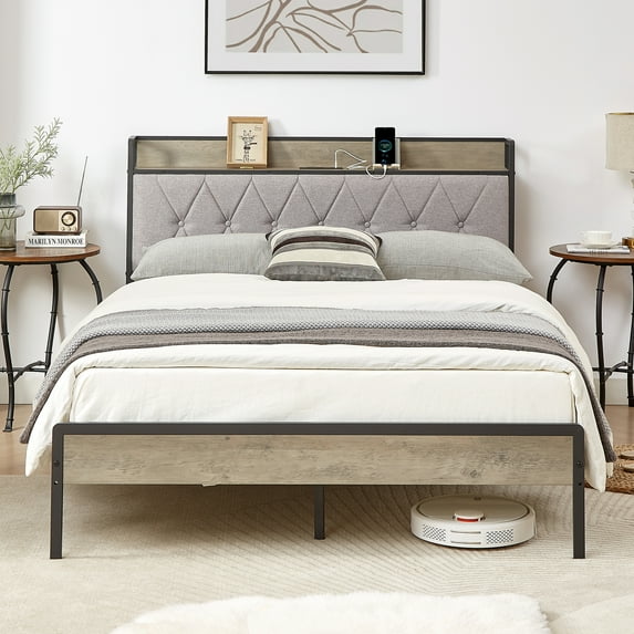 Gewnee Metal Queen Size Bed Frame with Upholstered Headboard and Charging Ports,Rustic Gray