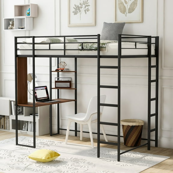 Gewnee Metal Twin Size Loft Bed with Desk, Two Shelves and Built-in 2 Ladders for Kids Teens,Black