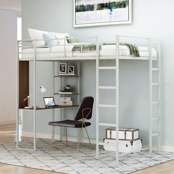 Gewnee Metal Twin Size Loft Bed with Desk, Two Shelves and Built-in 2 Ladders for Kids Teens,Silver