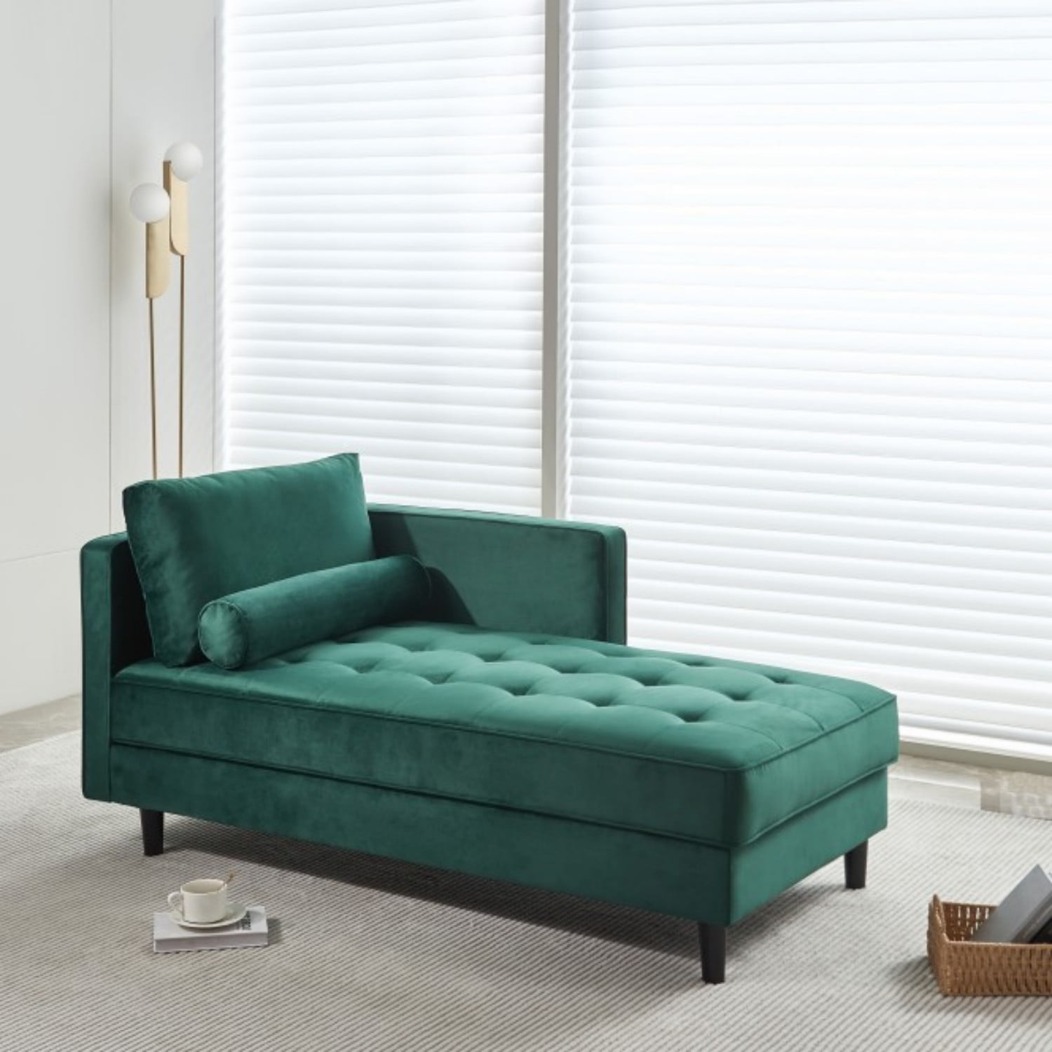 Gewnee Mid-Century Modern Velvet Chaise Lounge with Pillow - For Bedroom, Living Room